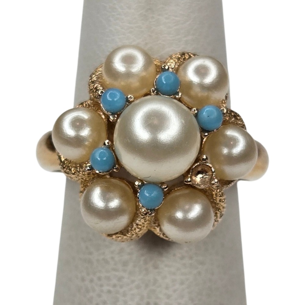 Avon Faux Pearl Turquoise Ring Womens Gold Tone Floral Cluster Size 6.25